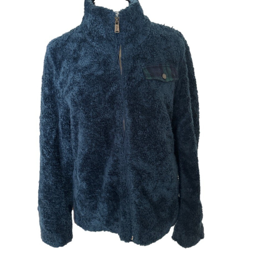 Pendleton Womens M Deep Pile Sherpa Full Zip Blue Wool Plaid Fleece Lined Jacket